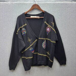 Vintage Robert Scott Ltd Black Cardigan Sweater With Sequin Ornament Design XL 5